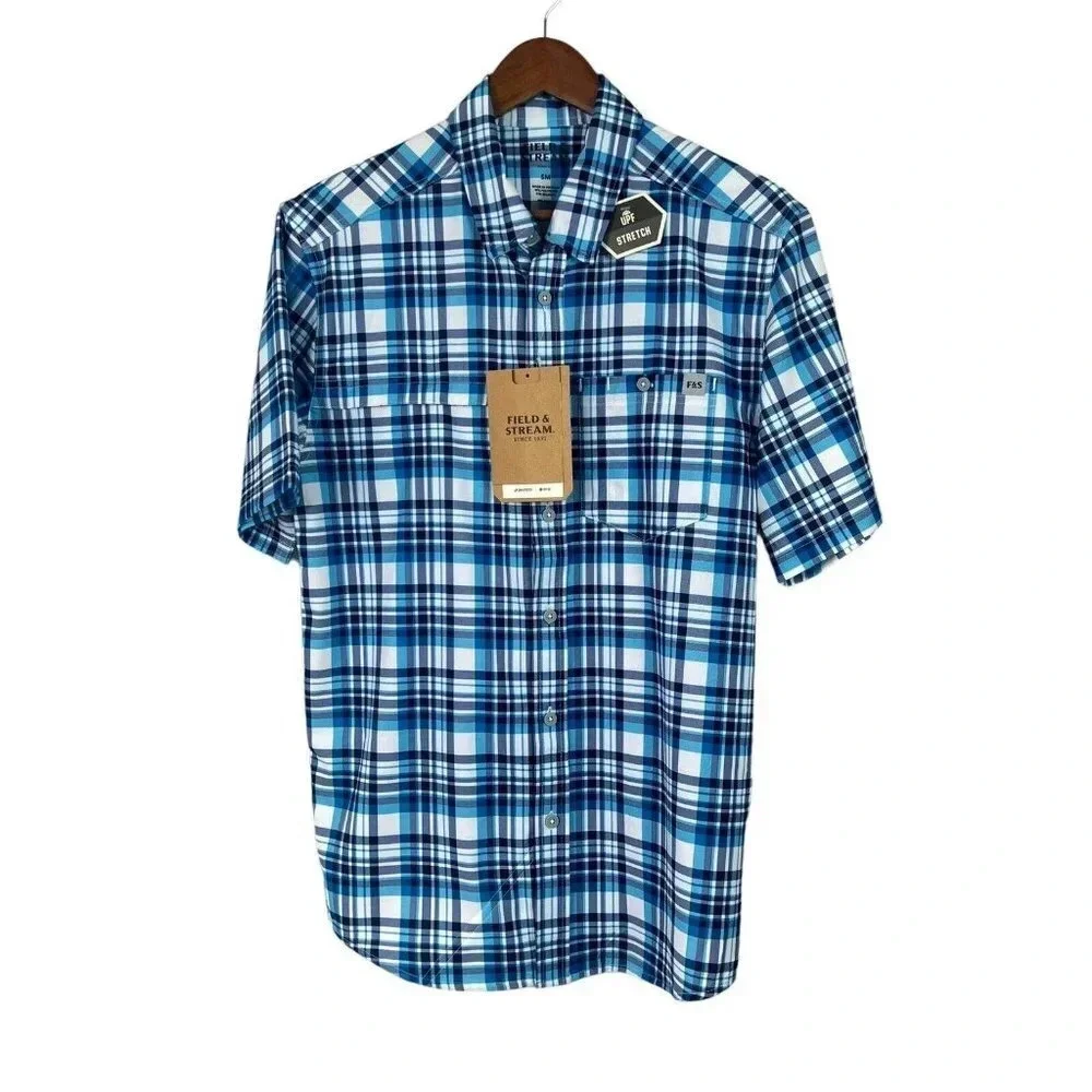 Field &Stream Men’s Vented Fishing Shirt Stretch Button Up Blue Plaid Sz Small - Picture 1 of 7